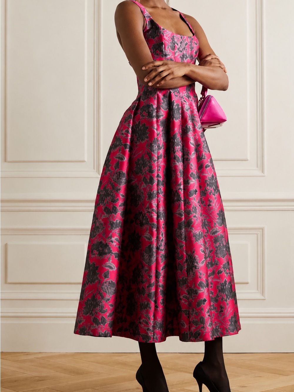 Philosophy di Lorenzo Serafini Fuchsia and Black Floral Midi Dress